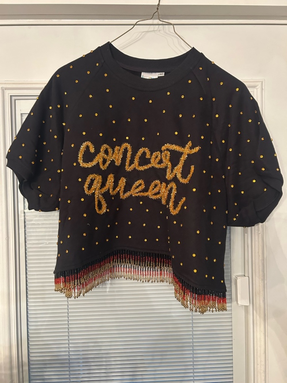 QUEEN OF SPARKLES Black Top with Gold Beading and Fringe